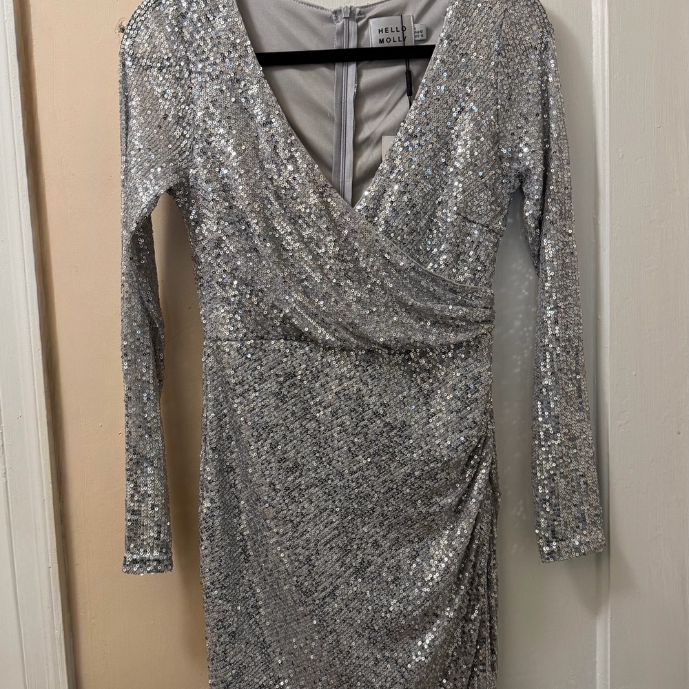 NEW HELLO MOLLY ZOE SEQUIN DRESS Silver Long Sleeve